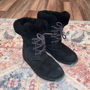 EMU Australia Black Suede Faux Fur Trim Lace Up Waterproof Winter Boots Size 6